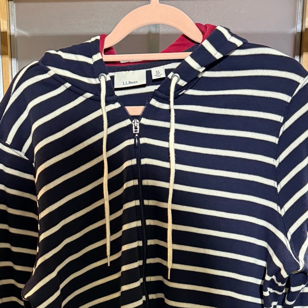 L.L. Bean Navy and White Striped Zip-Up Hoodie